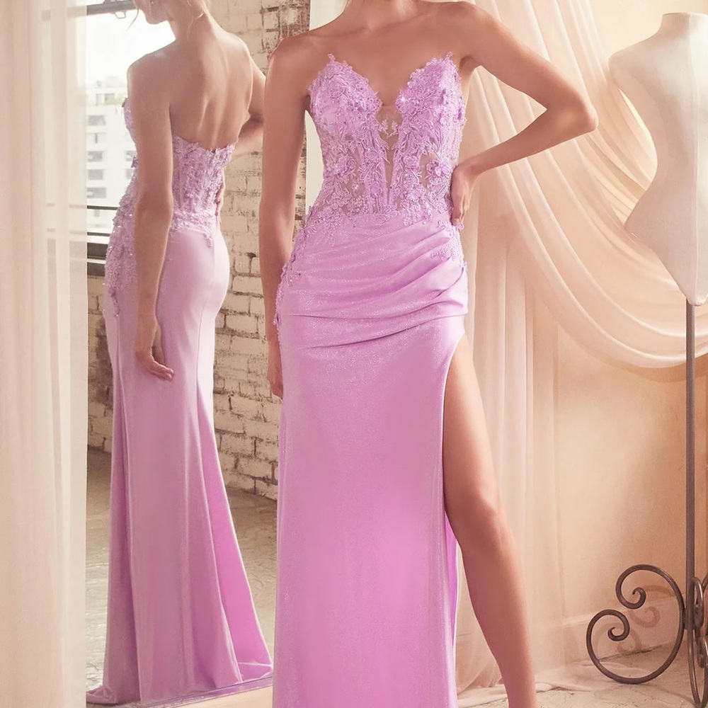 Fitted Applique Satin Strapless Slit Gown by Ladivine CDS465